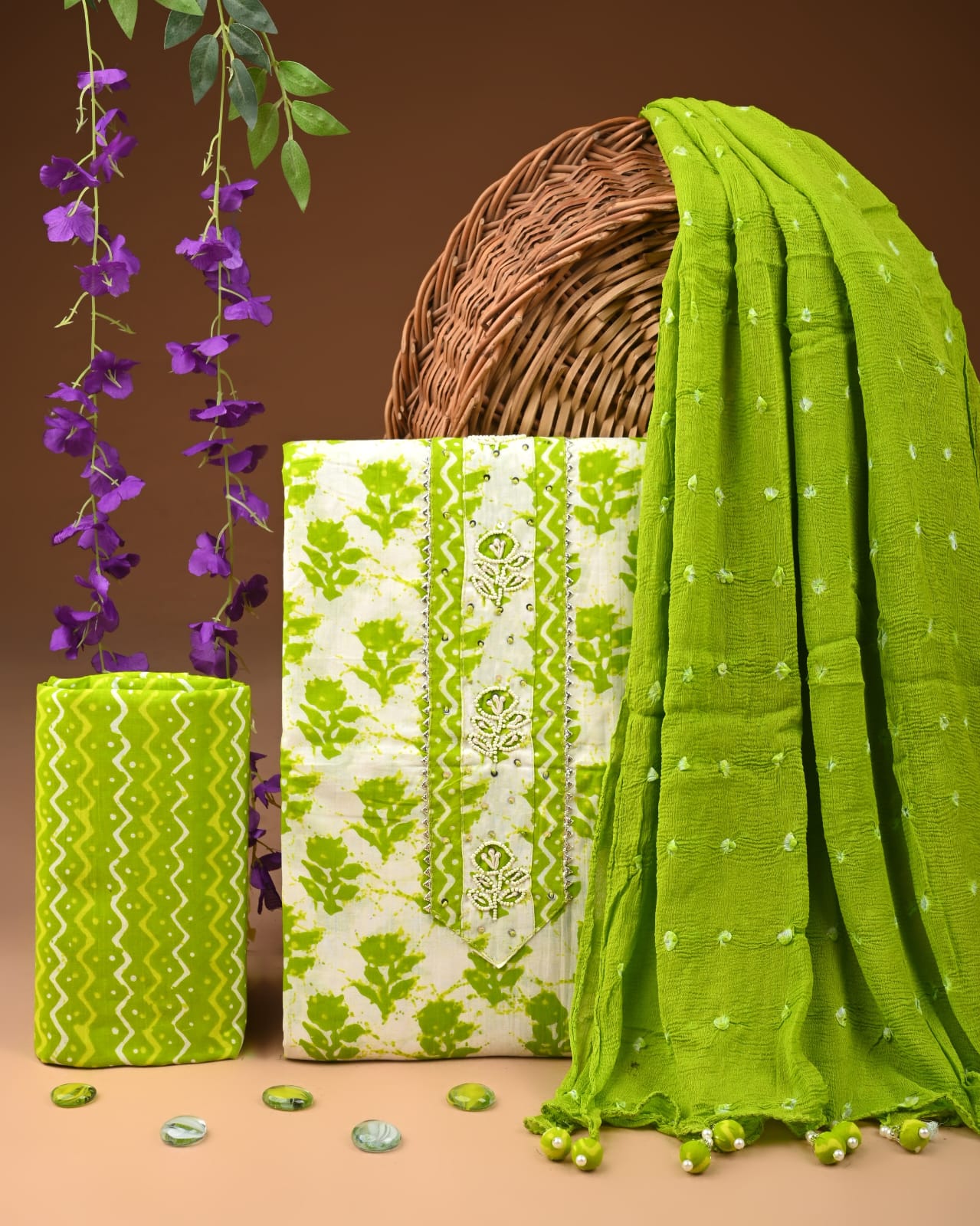 Premium Gota Patti Work Cotton Suit Set With Chiffon Dupatta