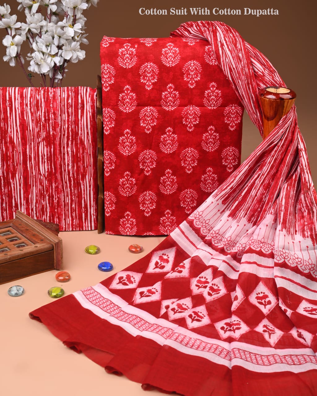 Designer Hand Block Printed Cotton Suit Set With Cotton Dupatta