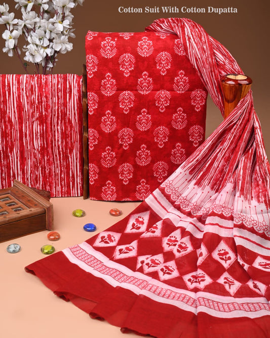 Designer Hand Block Printed Cotton Suit Set With Cotton Dupatta