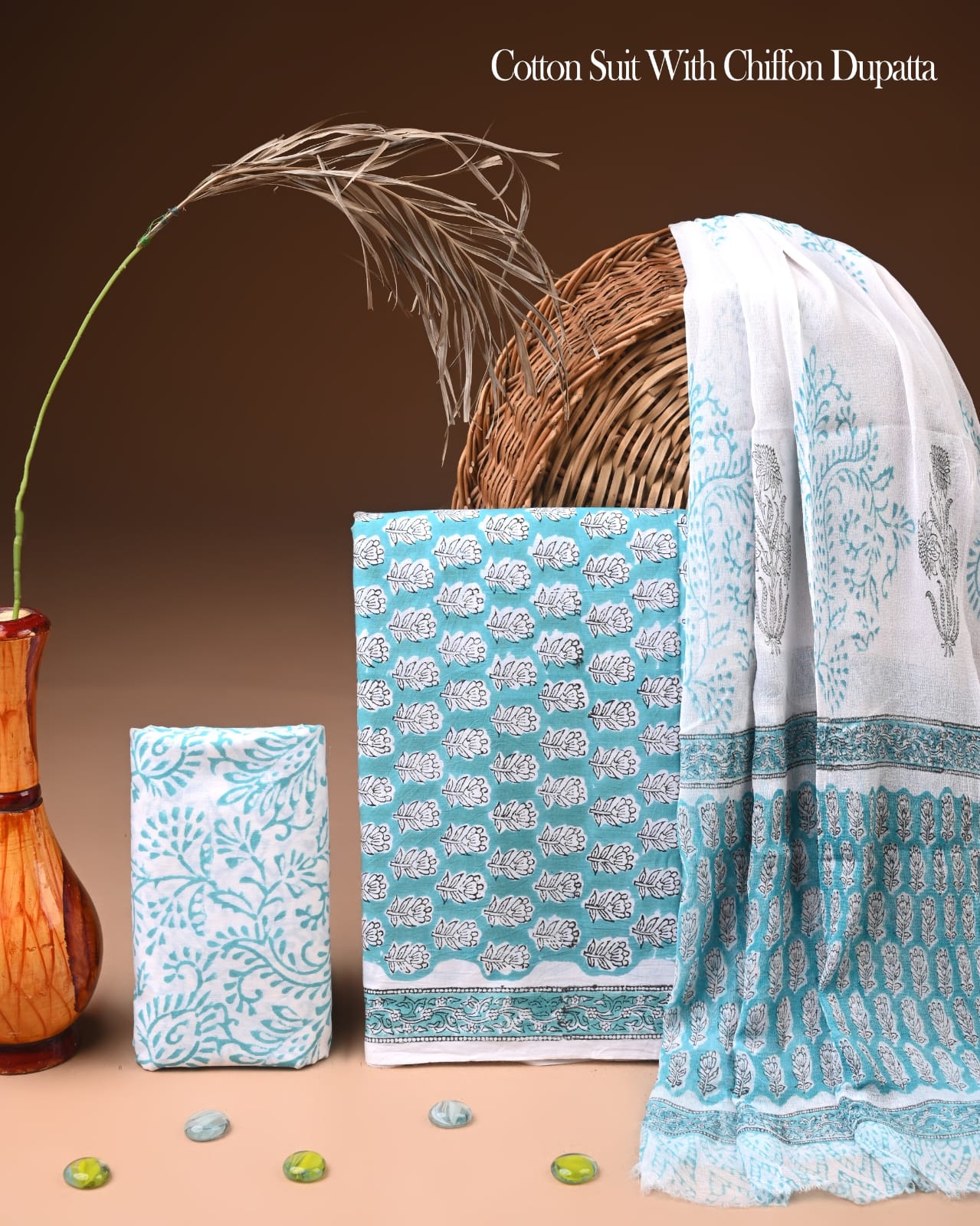 Pure Cotton Hand Block Printed Suit Set With Chiffon Dupatta