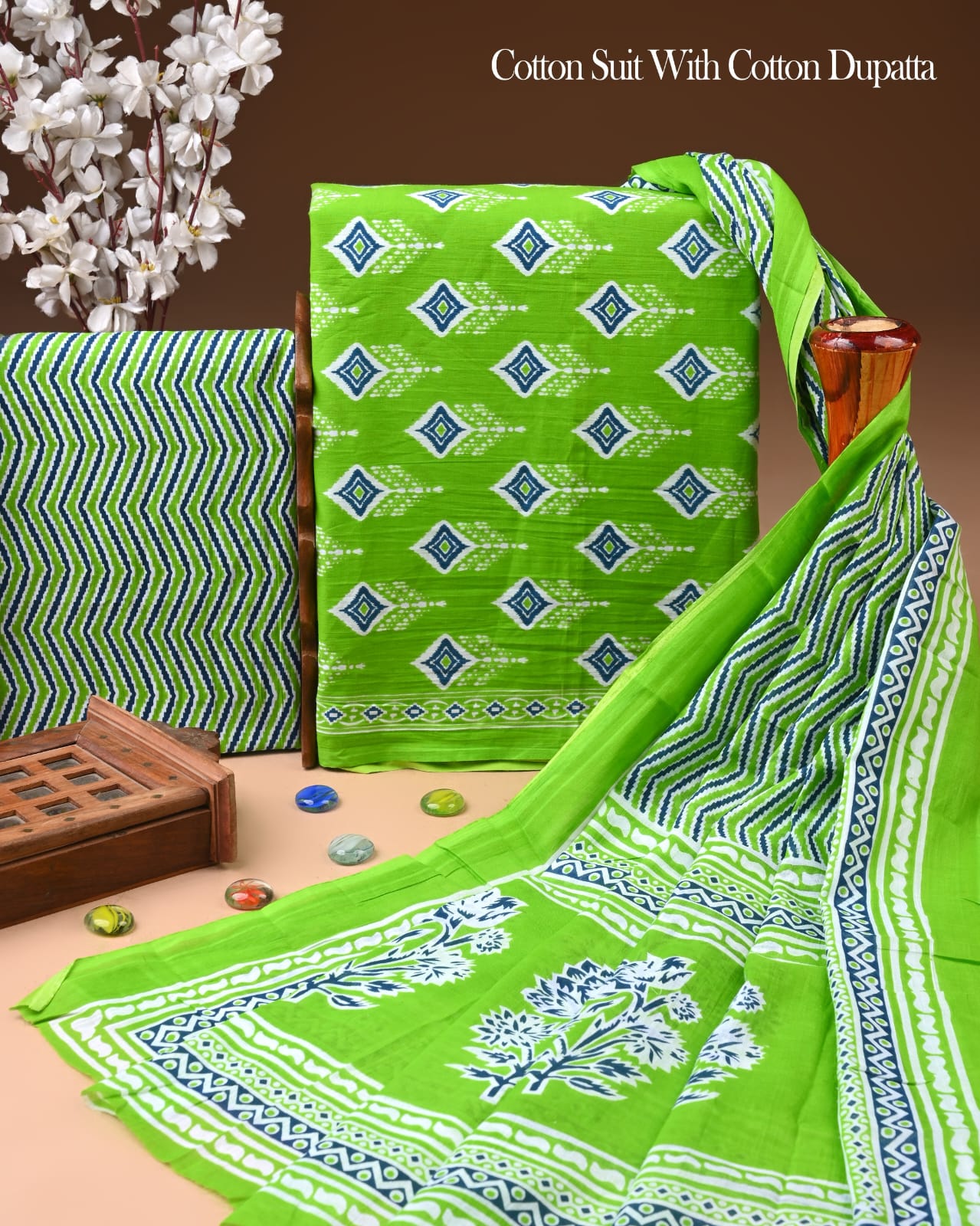 Designer Hand Block Printed Cotton Suit Set With Cotton Dupatta