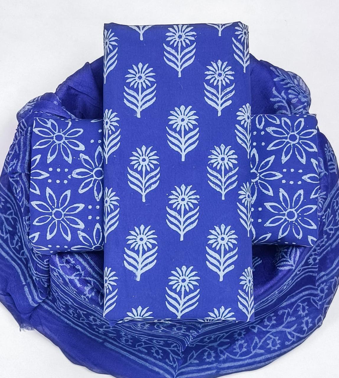 Pure Cotton Hand Block Printed Suit Set With Chiffon Dupatta