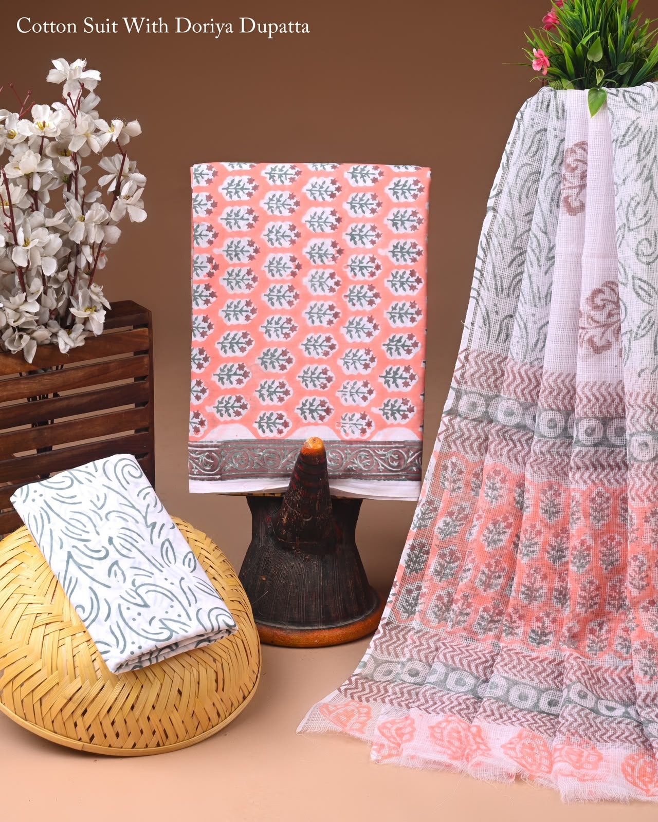 Pure Cotton Hand Block Printed Suit Set With Kota Doria Dupatta
