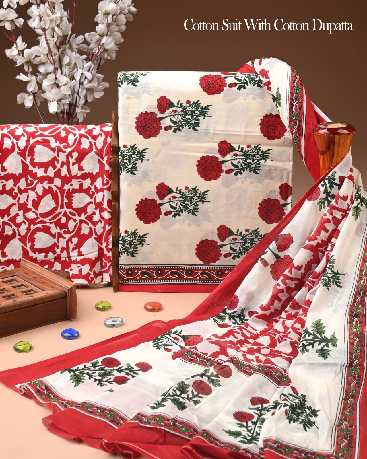 Pure Soft Cotton Hand Block Printed Suit Set With Cotton Dupatta
