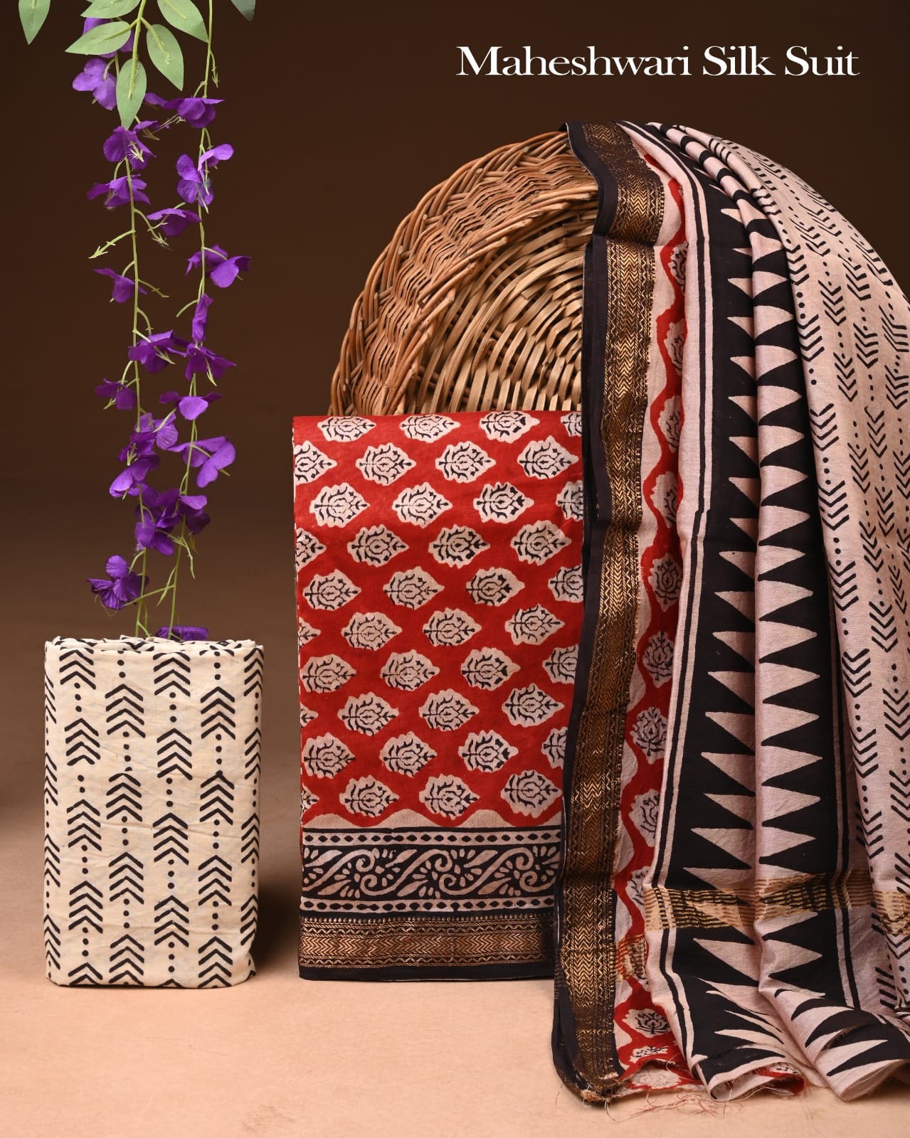 Premium Designer Handblock Printed Maheshwari Silk Suit Set