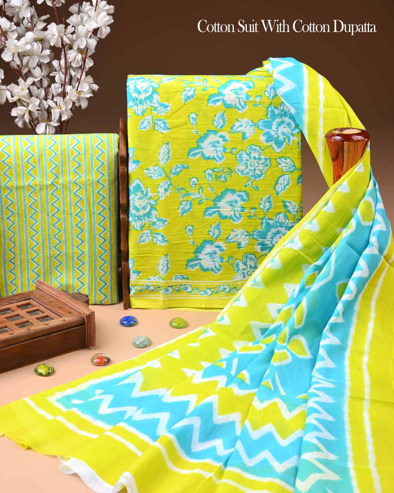 Designer Hand Block Printed Cotton Suit Set With Cotton Dupatta