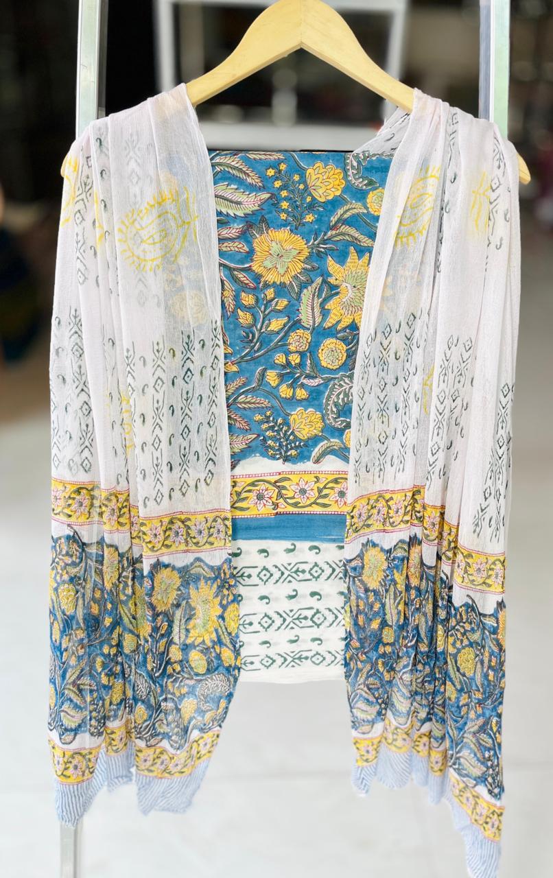 Pure Soft Cotton Hand Block Printed Suit Set With Chiffon Dupatta