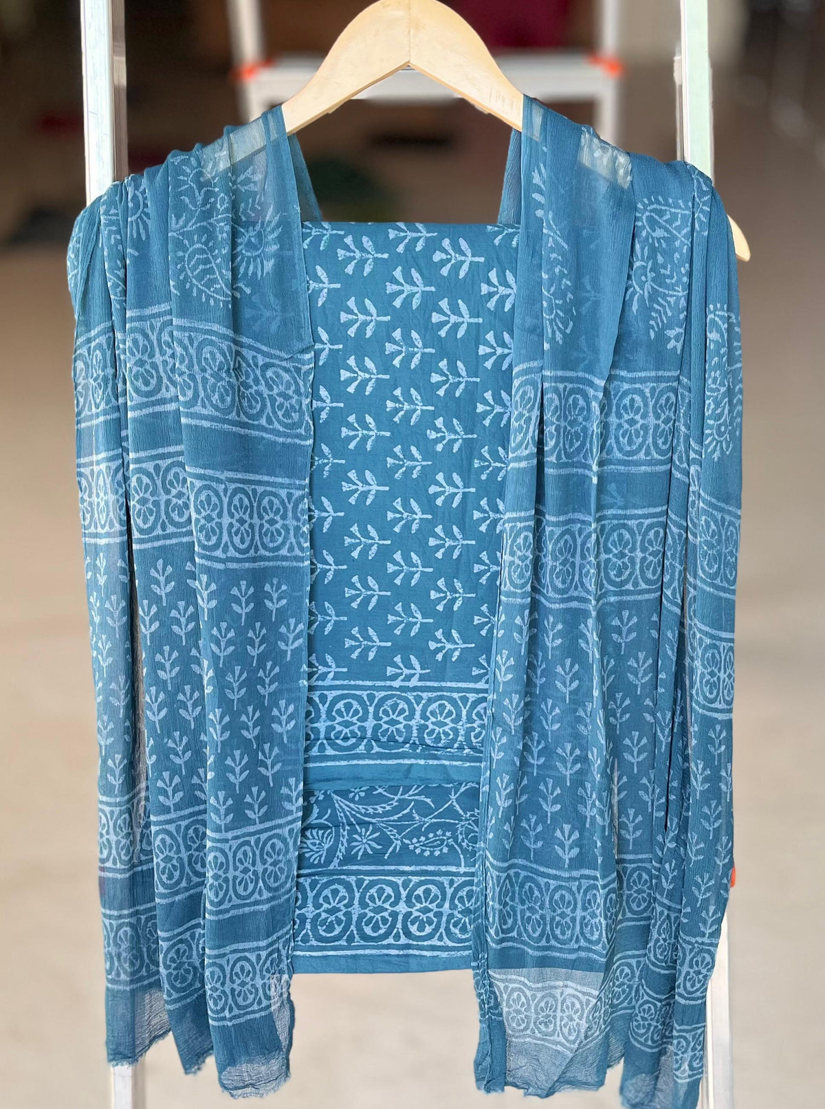 Pure Cotton Hand Block Printed Suit Set With Chiffon Dupatta