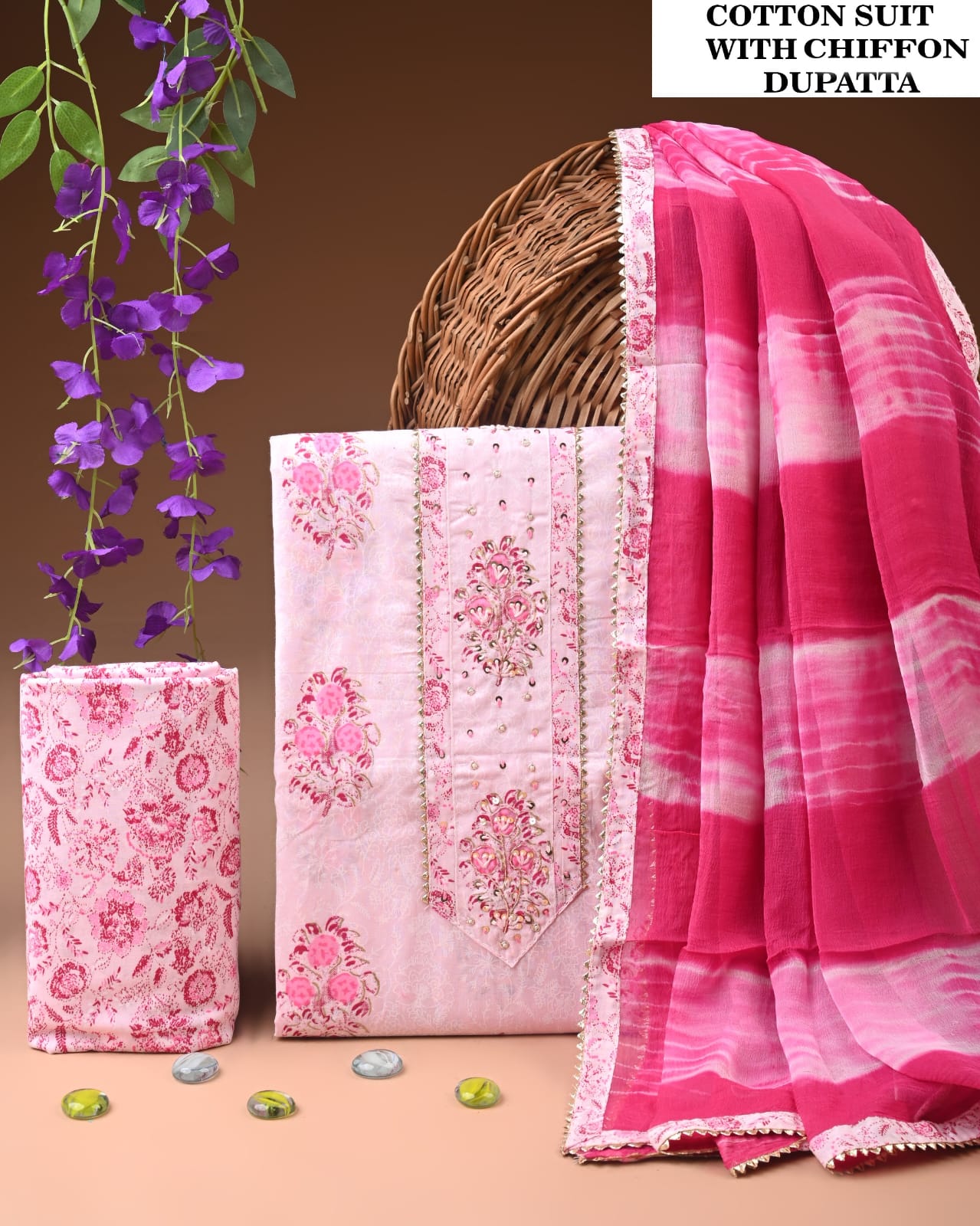 Premium Gota Patti Work Cotton Suit Set With Chiffon Dupatta