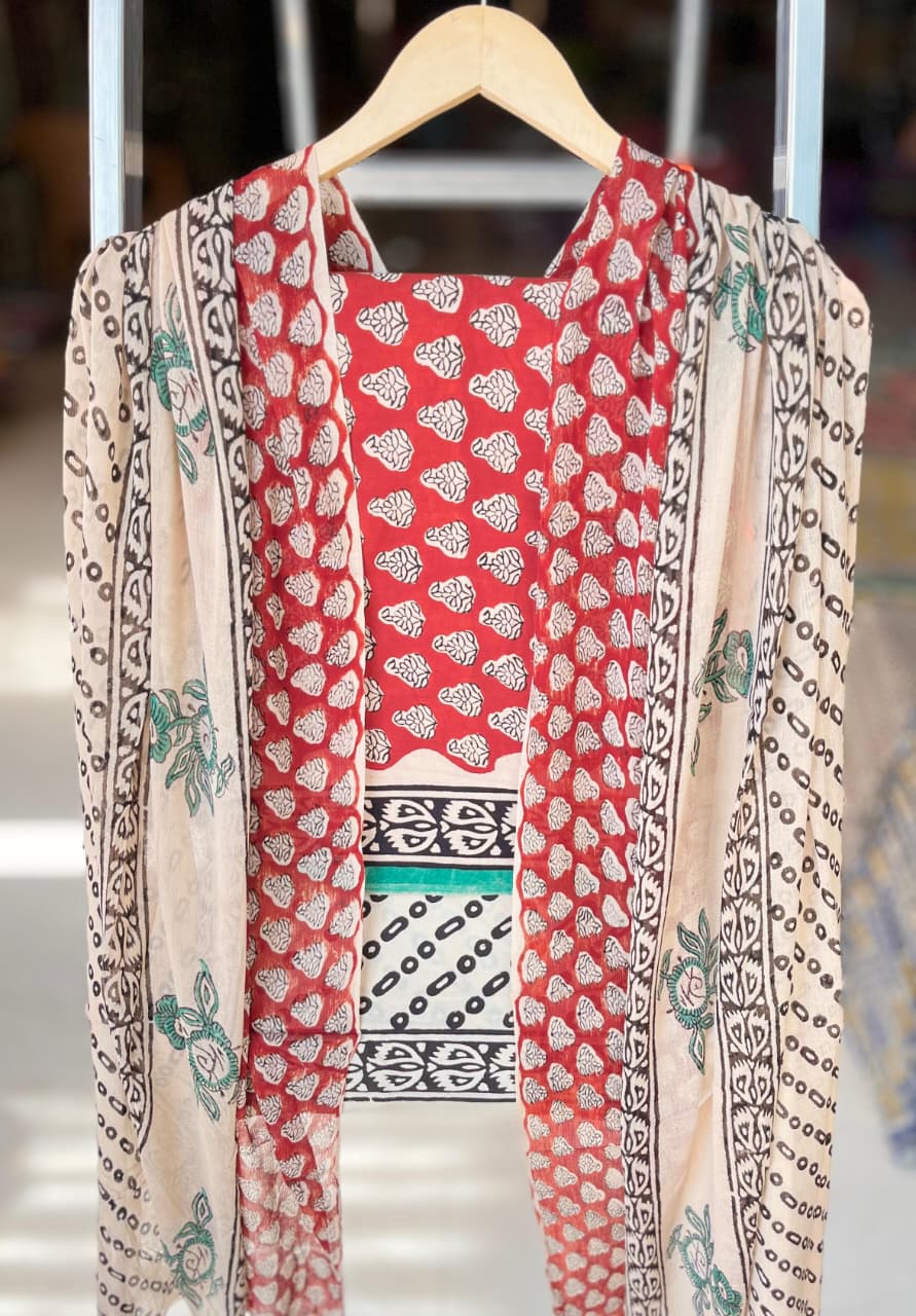 Pure Cotton Hand Block Printed Suit Set With Chiffon Dupatta