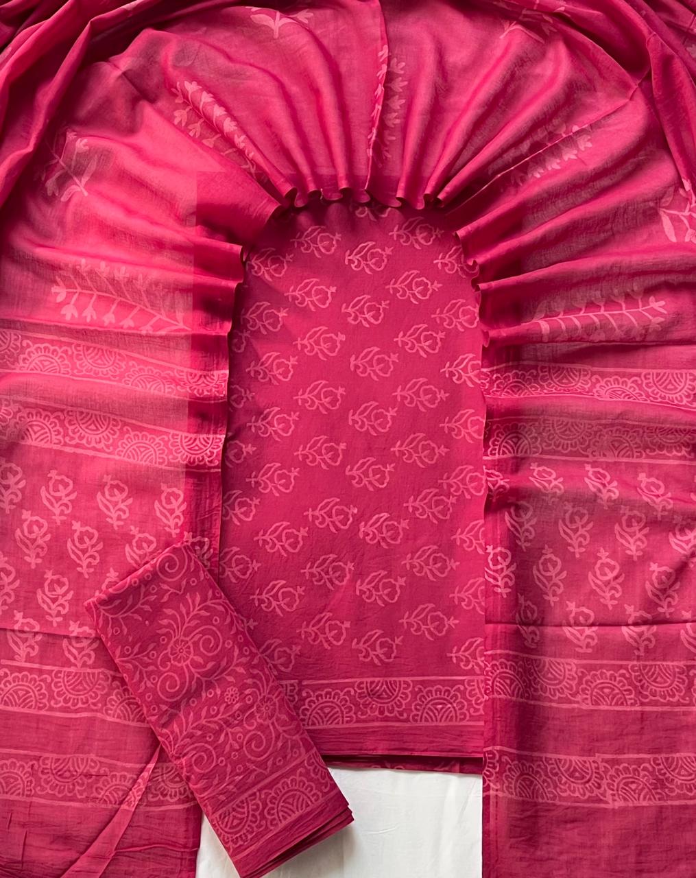 Pure Soft Cotton Hand Block Printed Suit Set With Cotton Dupatta