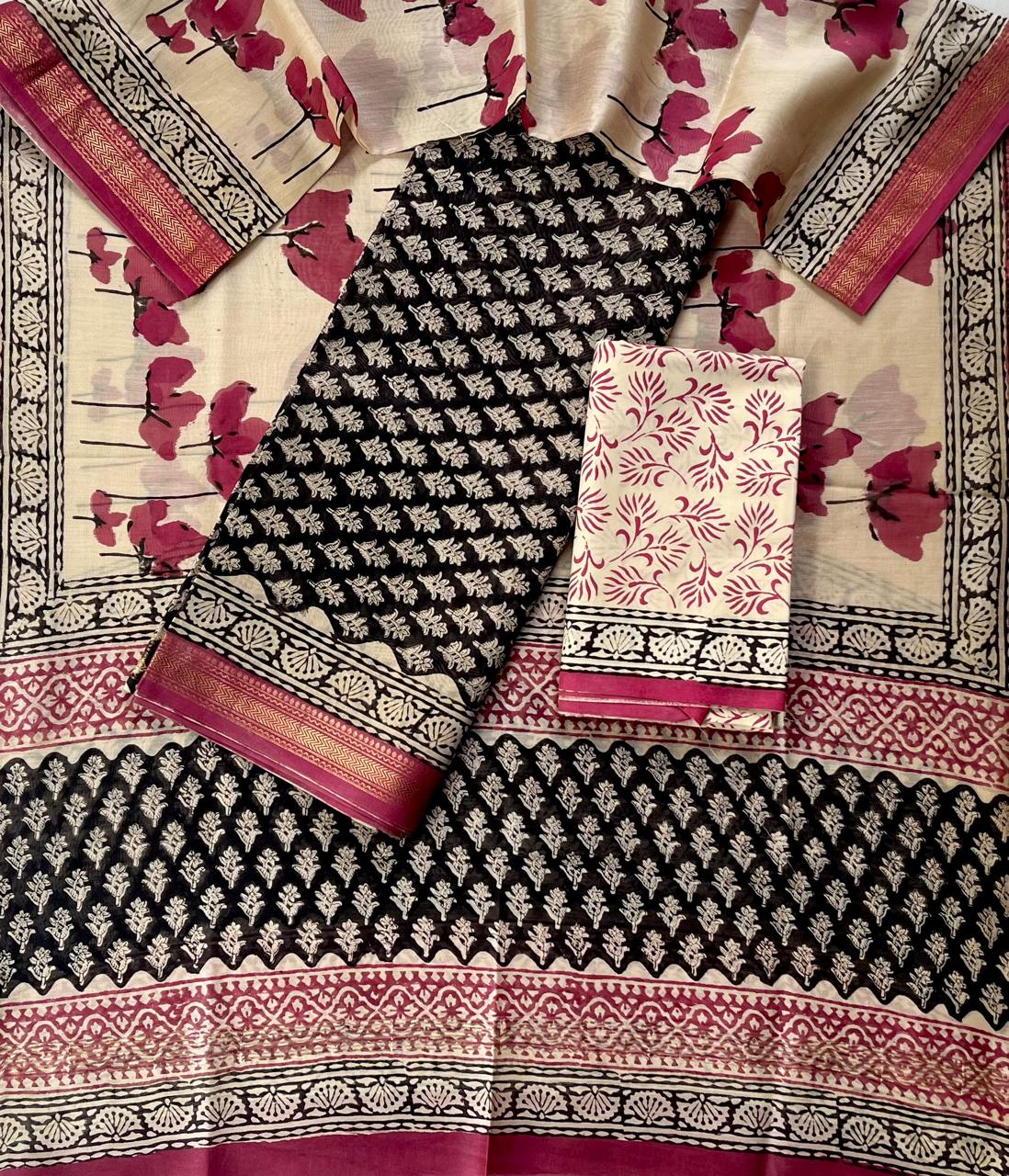 Premium Designer Handblock Printed Maheshwari Silk Suit Set