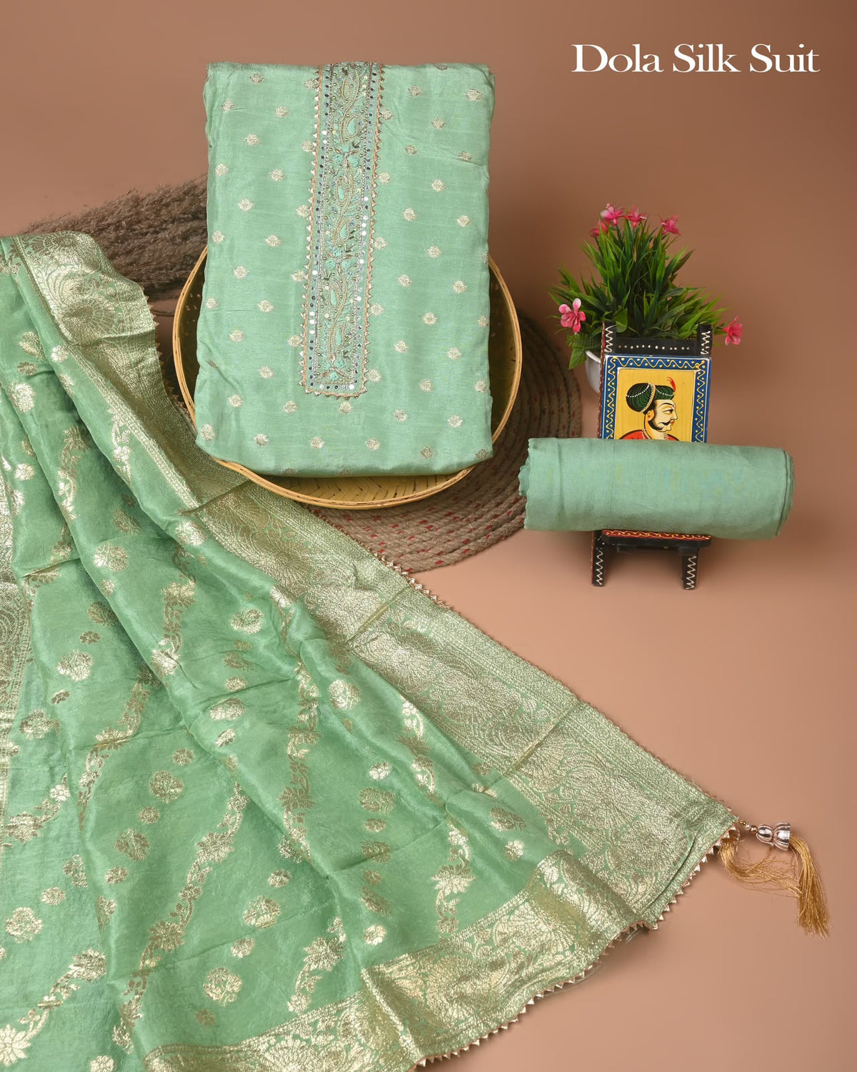 Premium Heavy Neck Work Dola Silk Suit Set