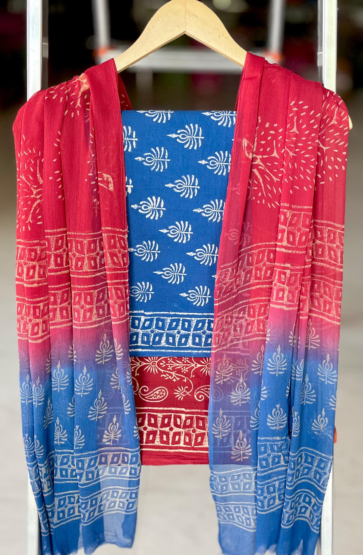 Pure Soft Cotton Hand Block Printed Suit Set With Chiffon Dupatta