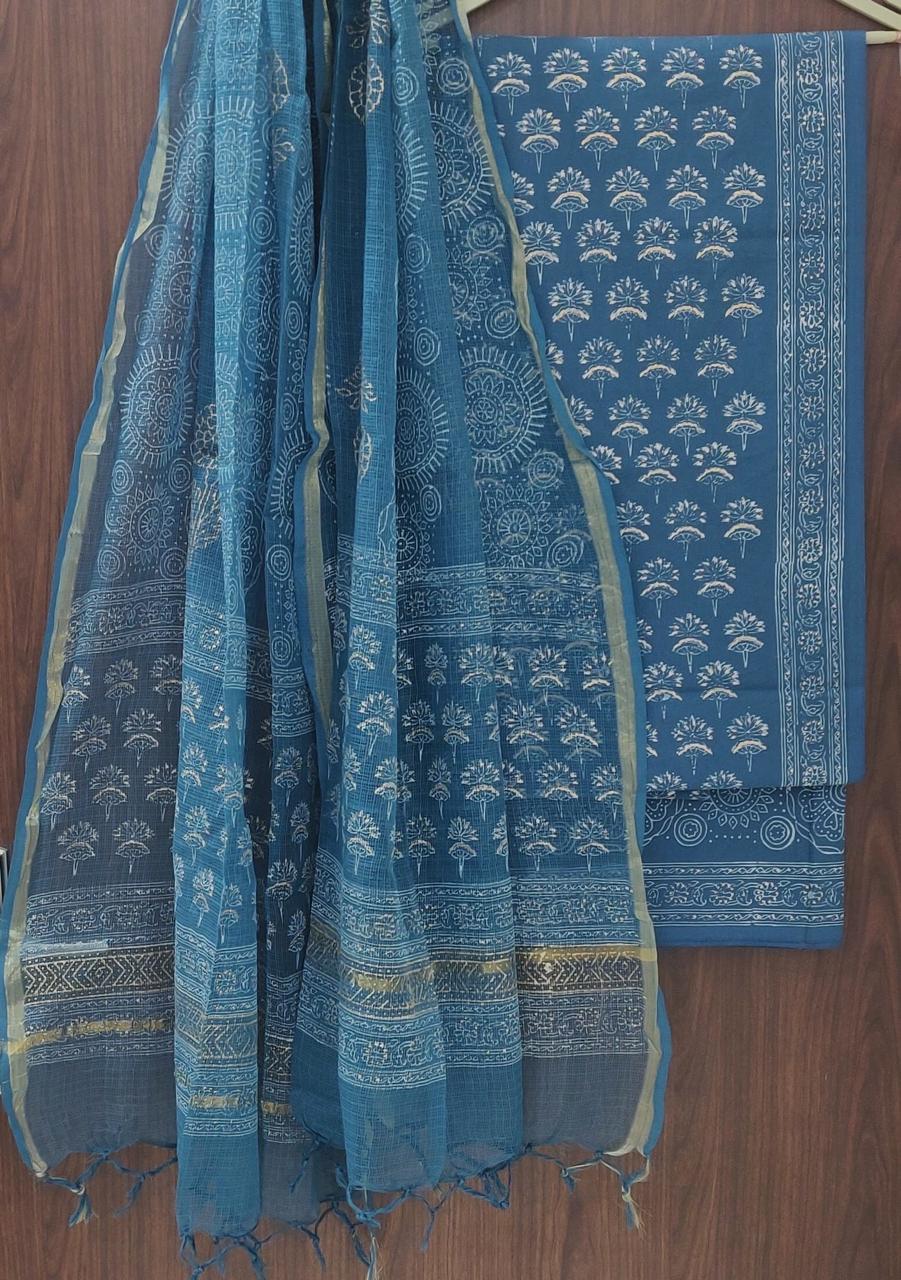 Pure Cotton Hand Block Printed Suit Set With Kota Doria Dupatta