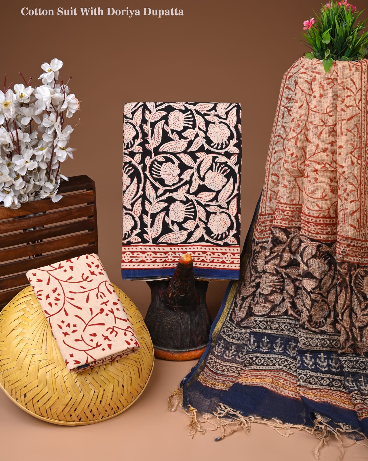 Pure Cotton Hand Block Printed Suit Set With Kota Doria Dupatta