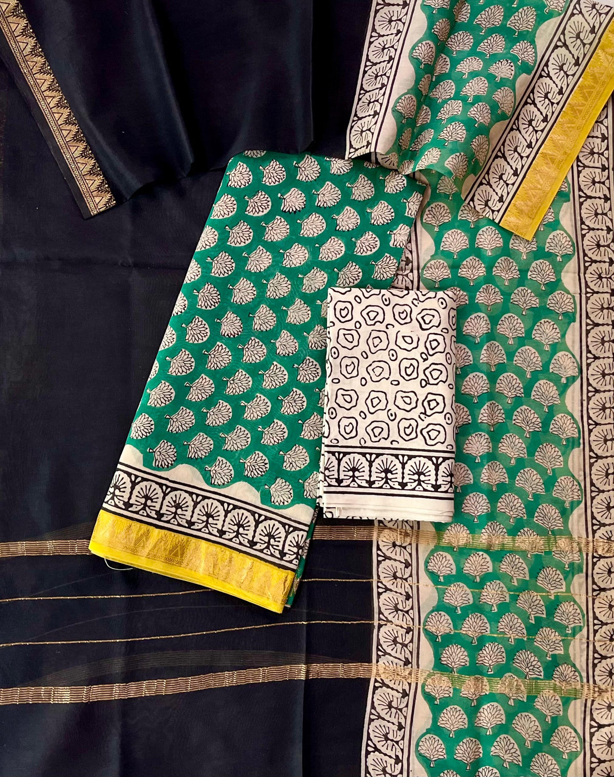 Premium Designer Handblock Printed Maheshwari Silk Suit Set