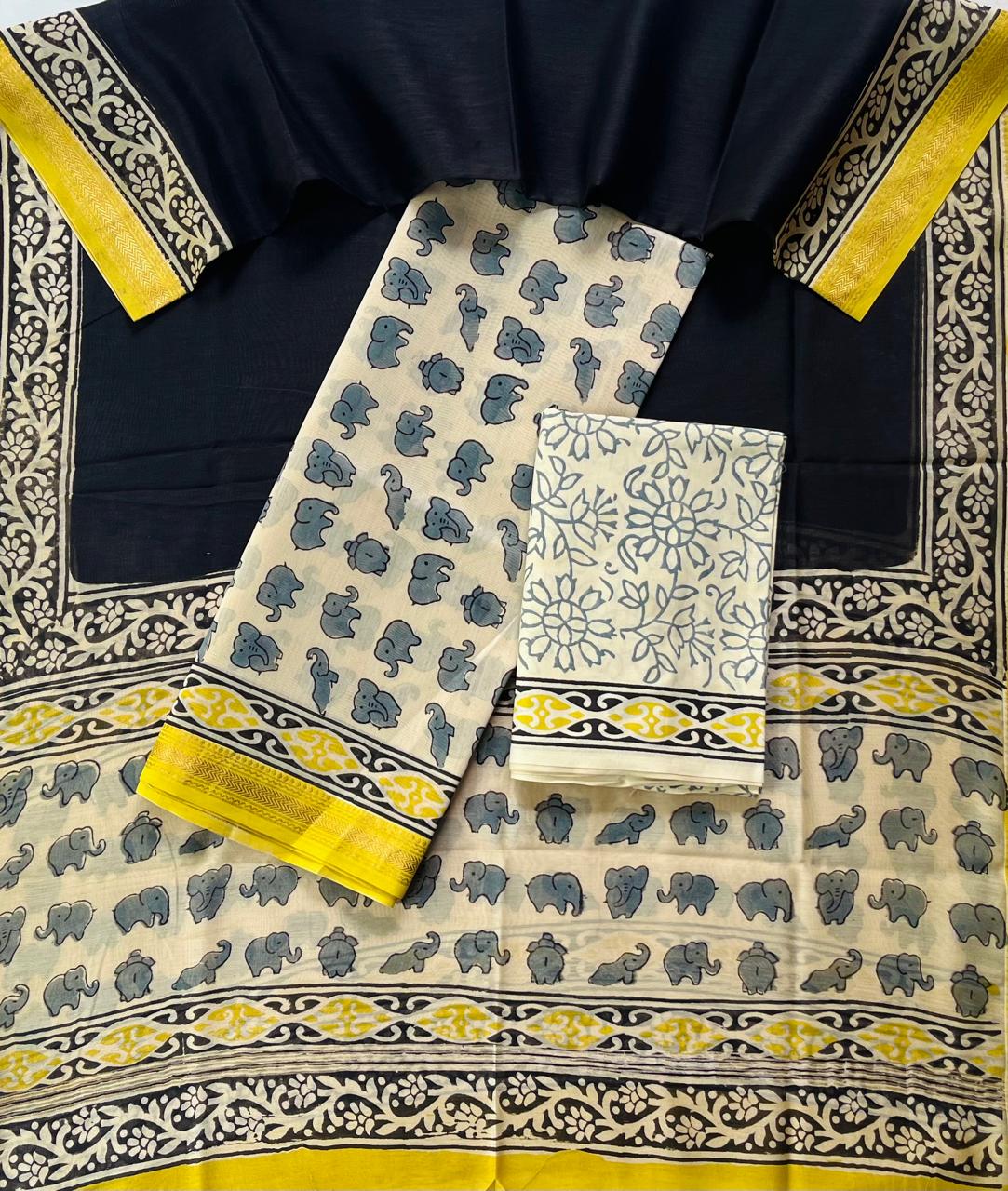 Premium Designer Handblock Printed Maheshwari Silk Suit Set