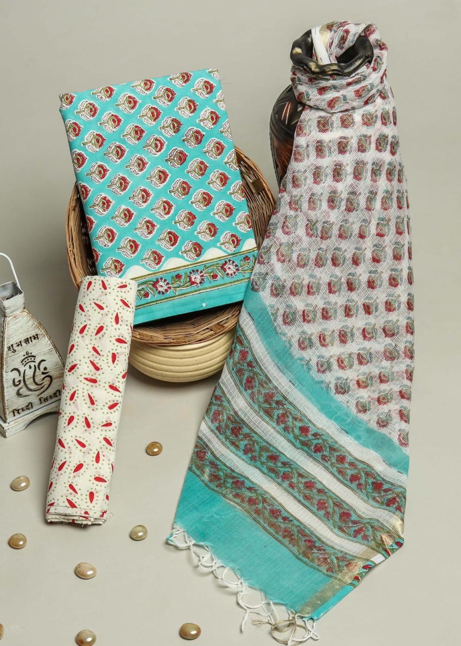Pure Cotton Hand Block Printed Suit Set With Kota Doria Dupatta