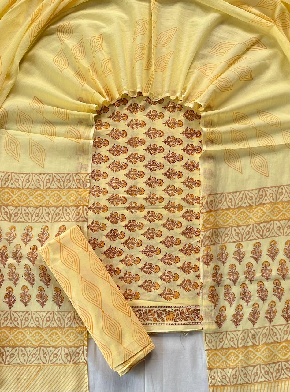 Pure Soft Cotton Hand Block Printed Suit Set With Cotton Dupatta