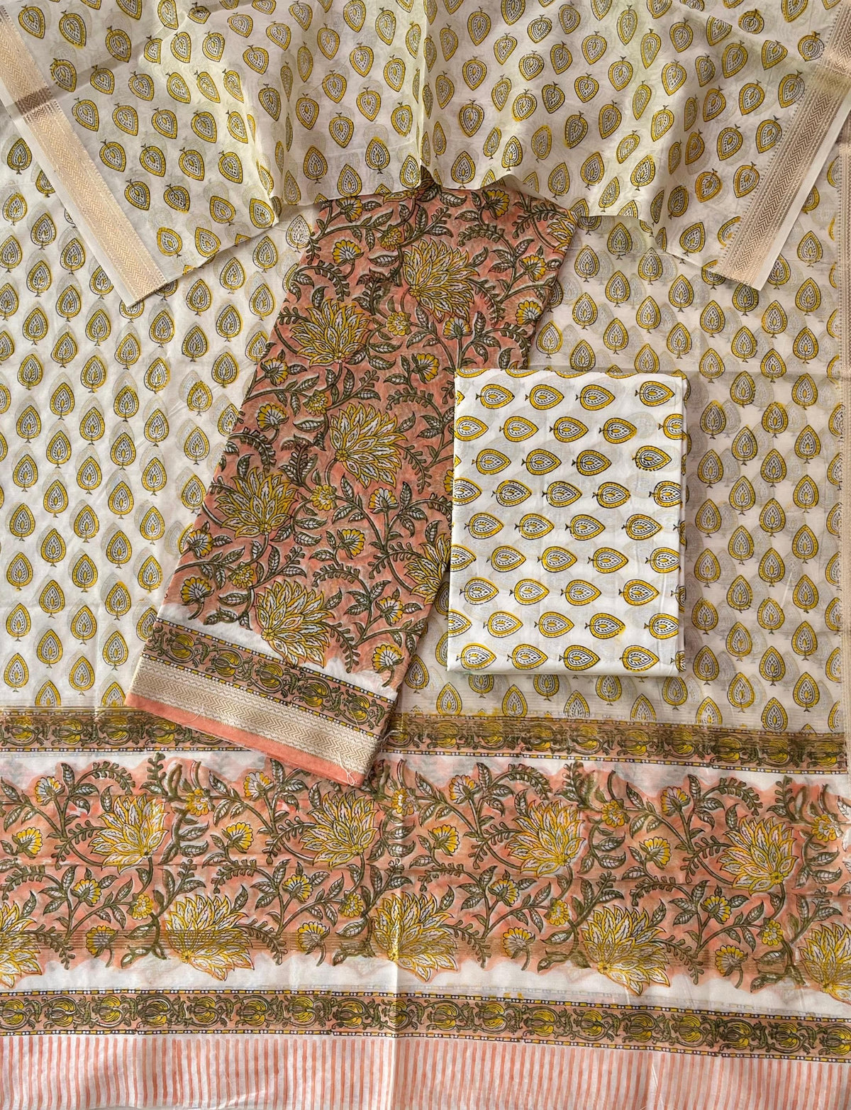 Premium Designer Handblock Printed Maheshwari Silk Suit Set