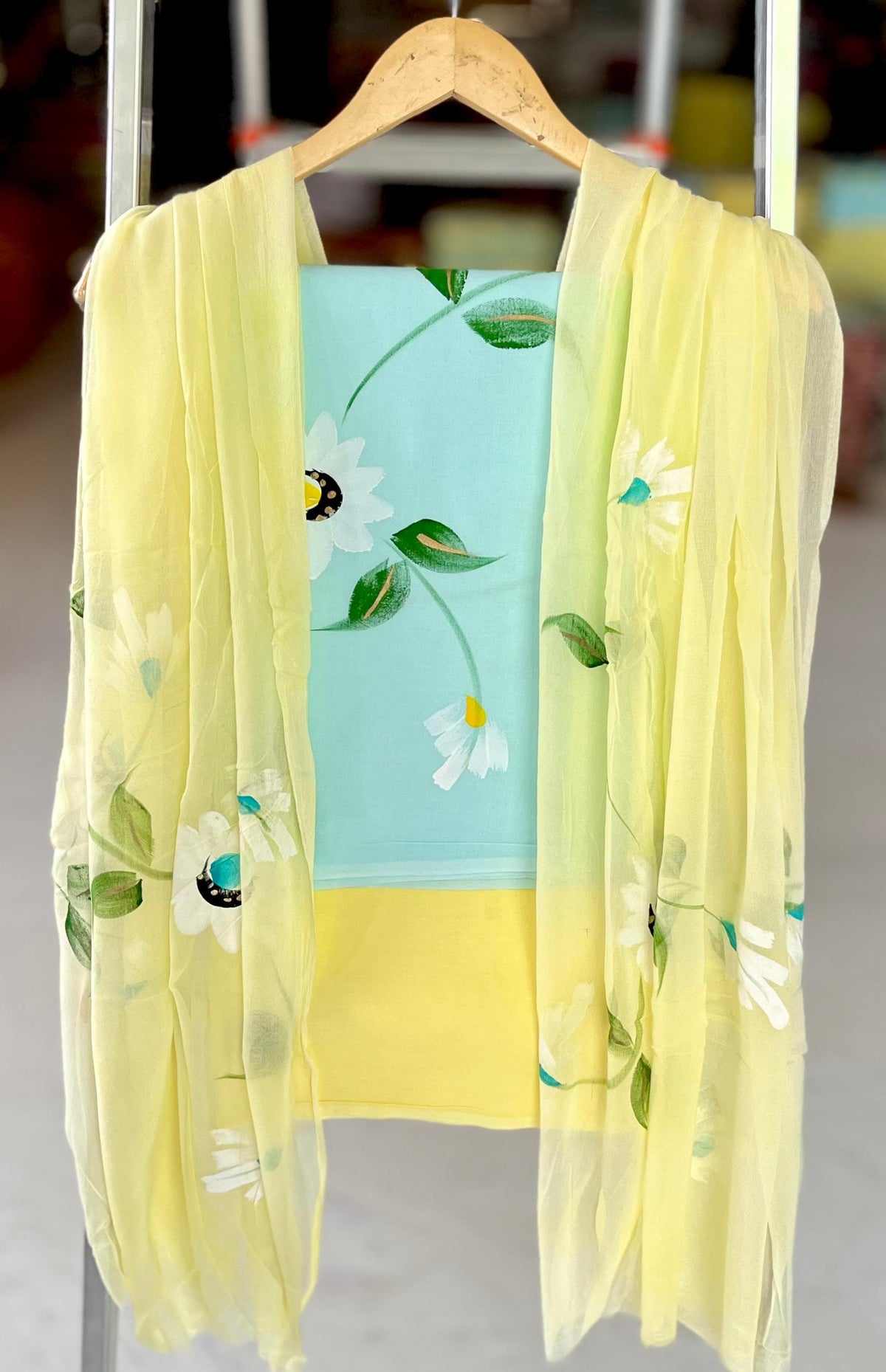 Pure Cotton Hand Block Printed Suit Set With Chiffon Dupatta