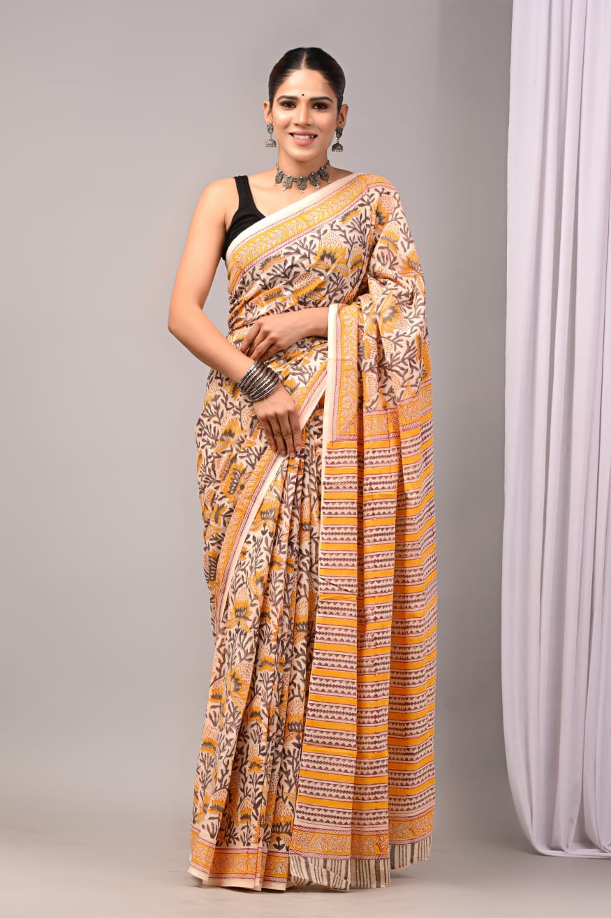 Pure Soft Cotton Handblock Printed Saree With Blouse