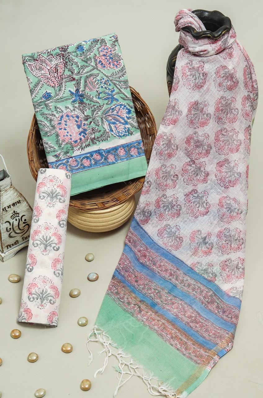 Pure Cotton Hand Block Printed Suit Set With Kota Doria Dupatta