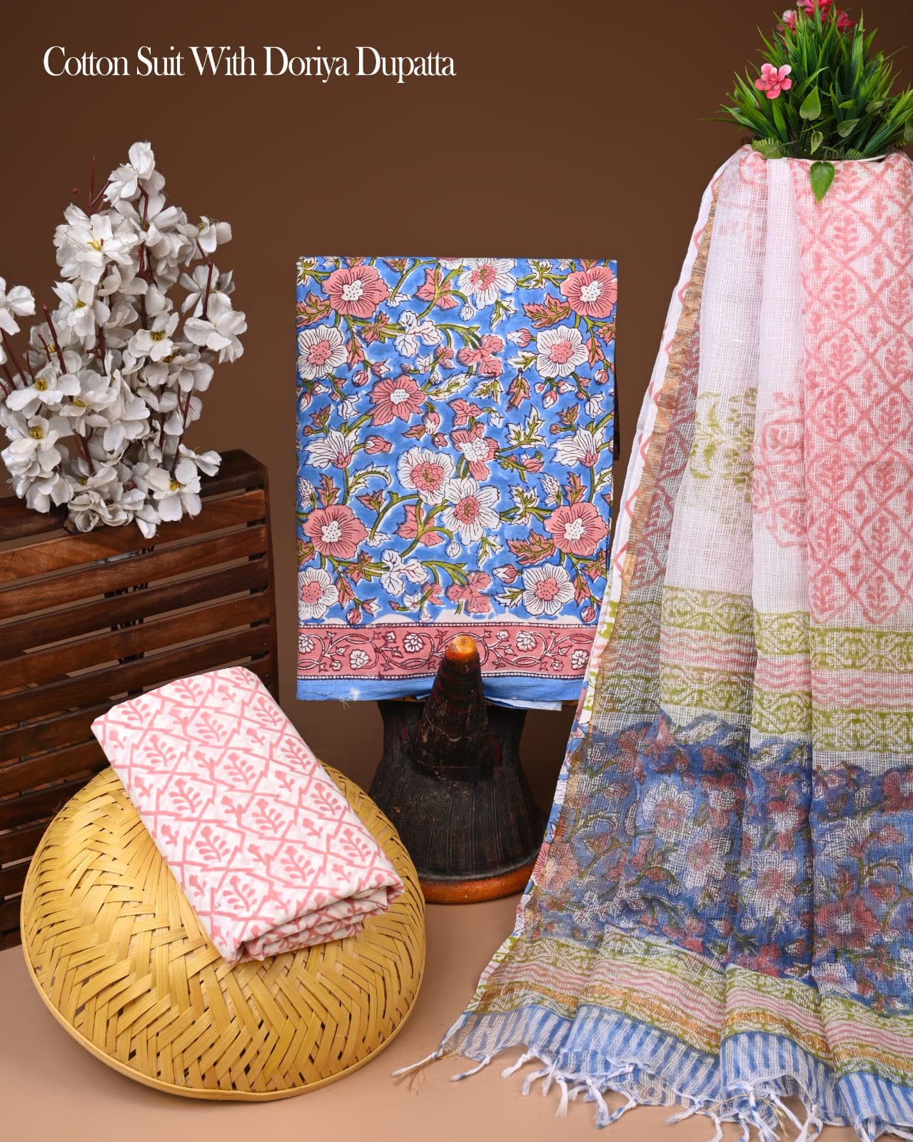 Pure Cotton Hand Block Printed Suit Set With Kota Doria Dupatta