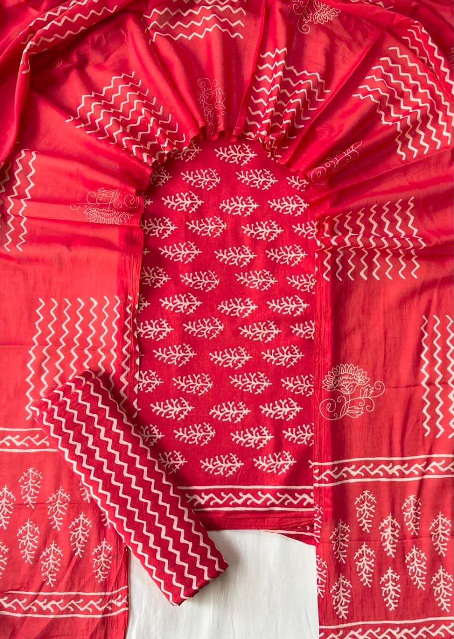Pure Soft Cotton Hand Block Printed Suit Set With Cotton Dupatta
