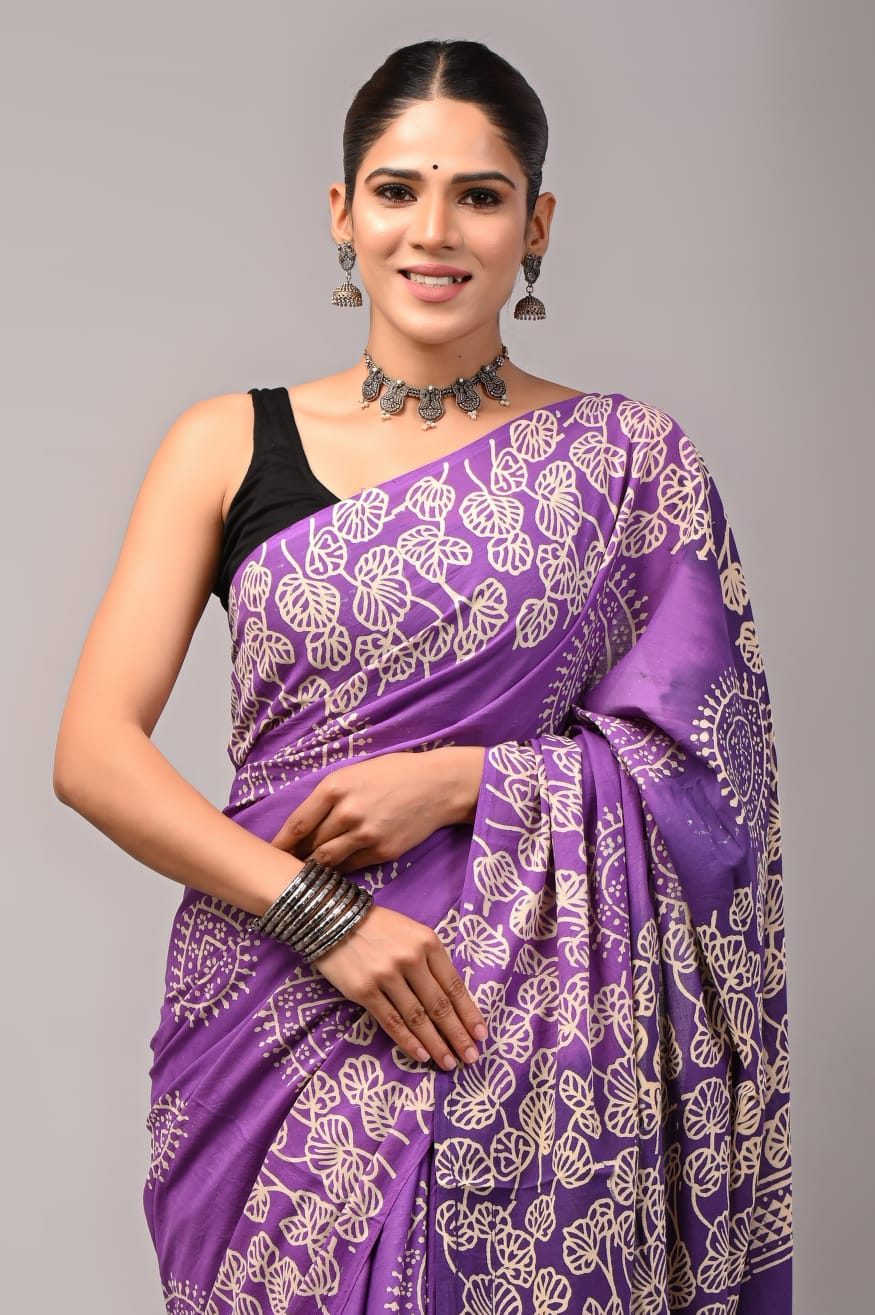 Pure Soft Cotton Handblock Printed Saree With Blouse