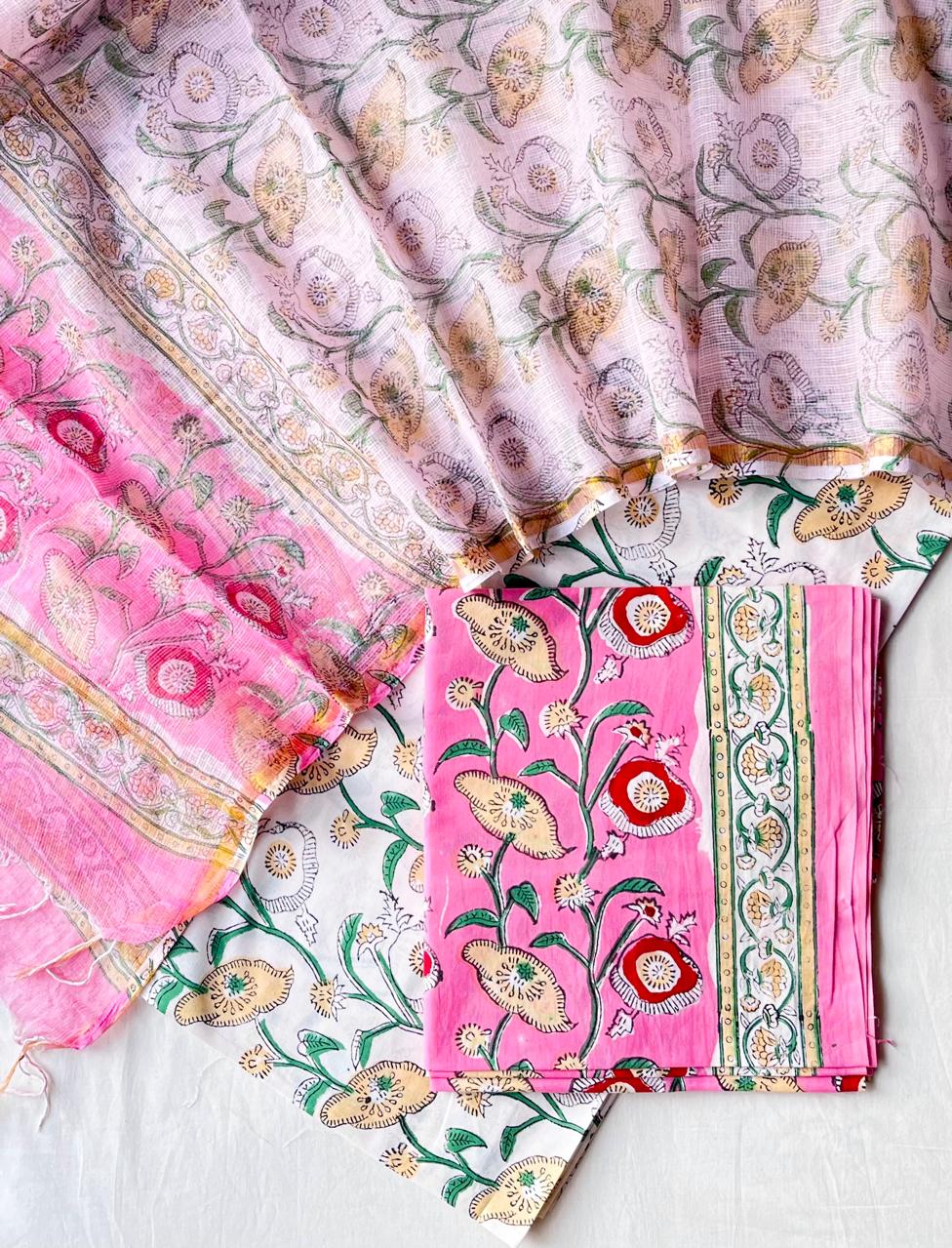 Pure Cotton Hand Block Printed Suit Set With Kota Doria Dupatta