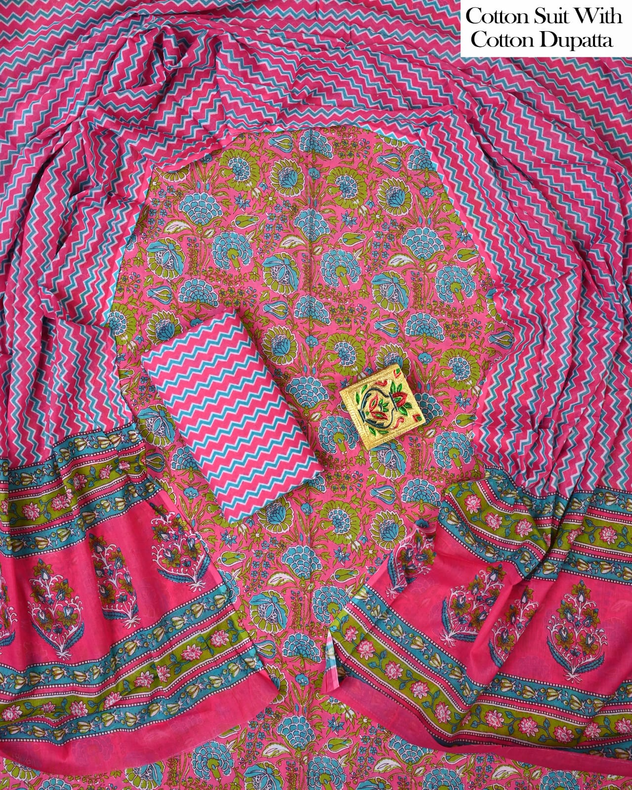 Designer Hand Block Printed Cotton Suit Set With Cotton Dupatta