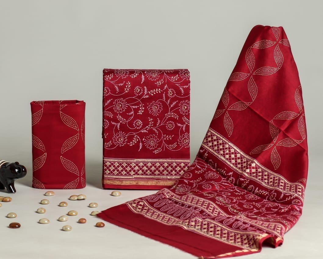 Designer Handblock Printed Chanderi Silk Suit Set