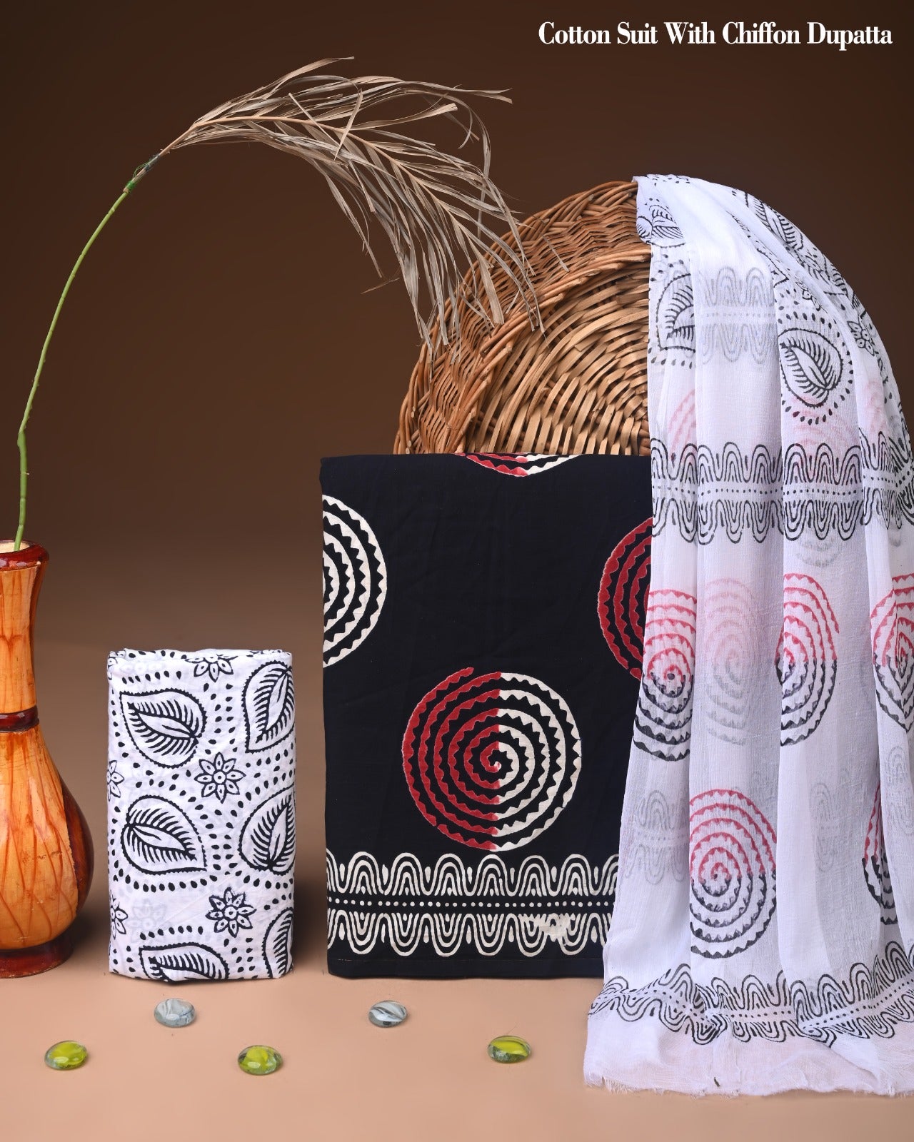 Pure Cotton Hand Block Printed Suit Set With Chiffon Dupatta