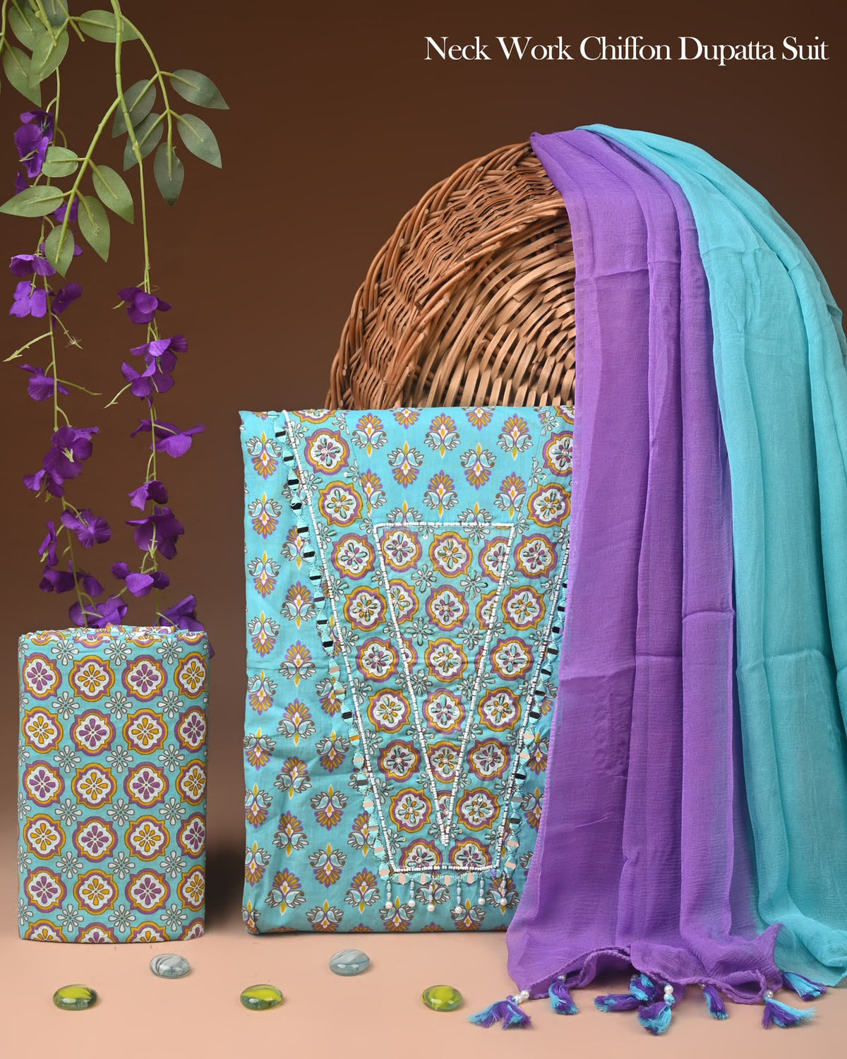 Premium Gota Patti Work Cotton Suit Set With Chiffon Dupatta