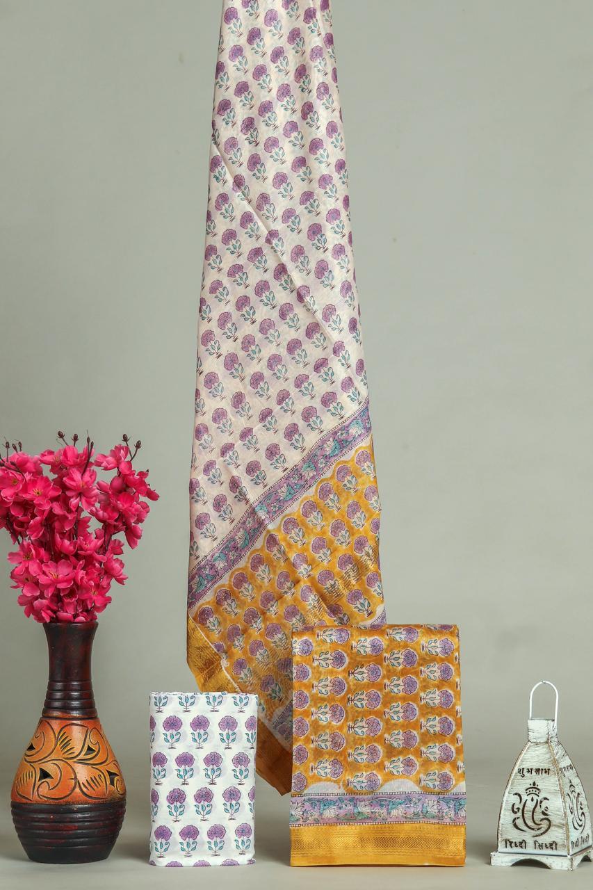 Premium Designer Handblock Printed Maheshwari Silk Suit Set