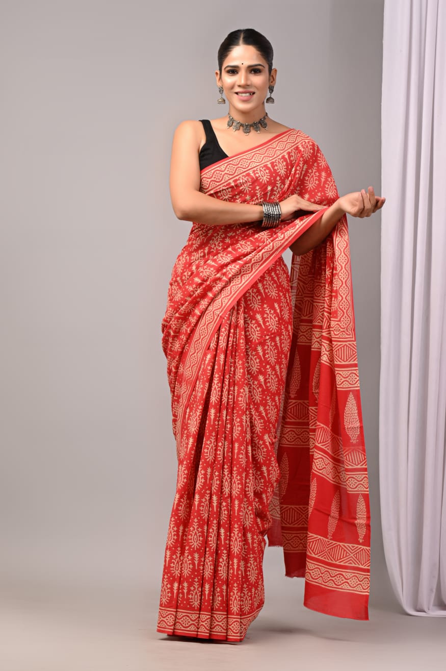 Pure Soft Cotton Handblock Printed Saree With Blouse