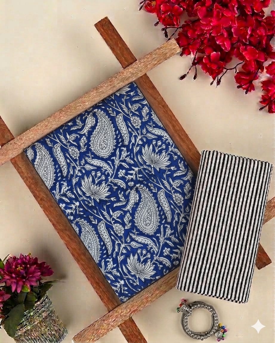 Pure Soft Cotton Handblock Printed 2PC Top-Bottom Suit Set (2.50 Meter Each)