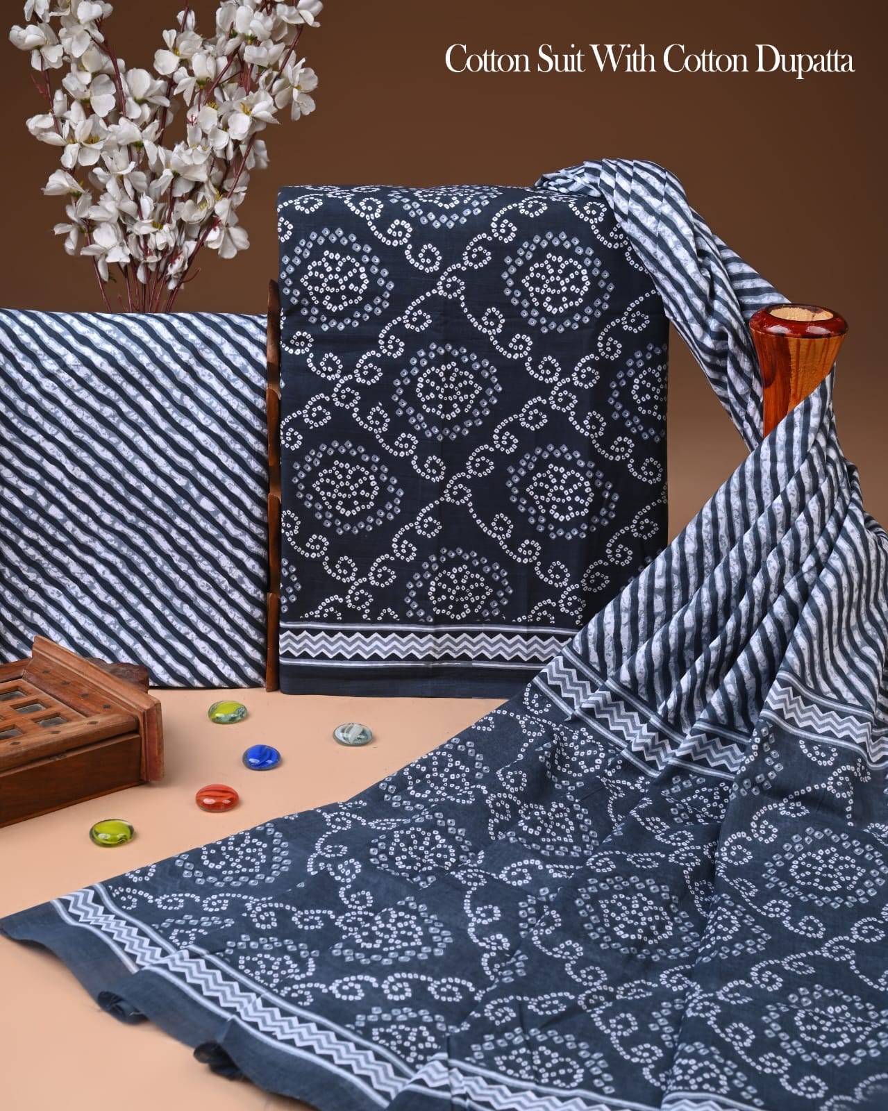 Designer Hand Block Printed Cotton Suit Set With Cotton Dupatta