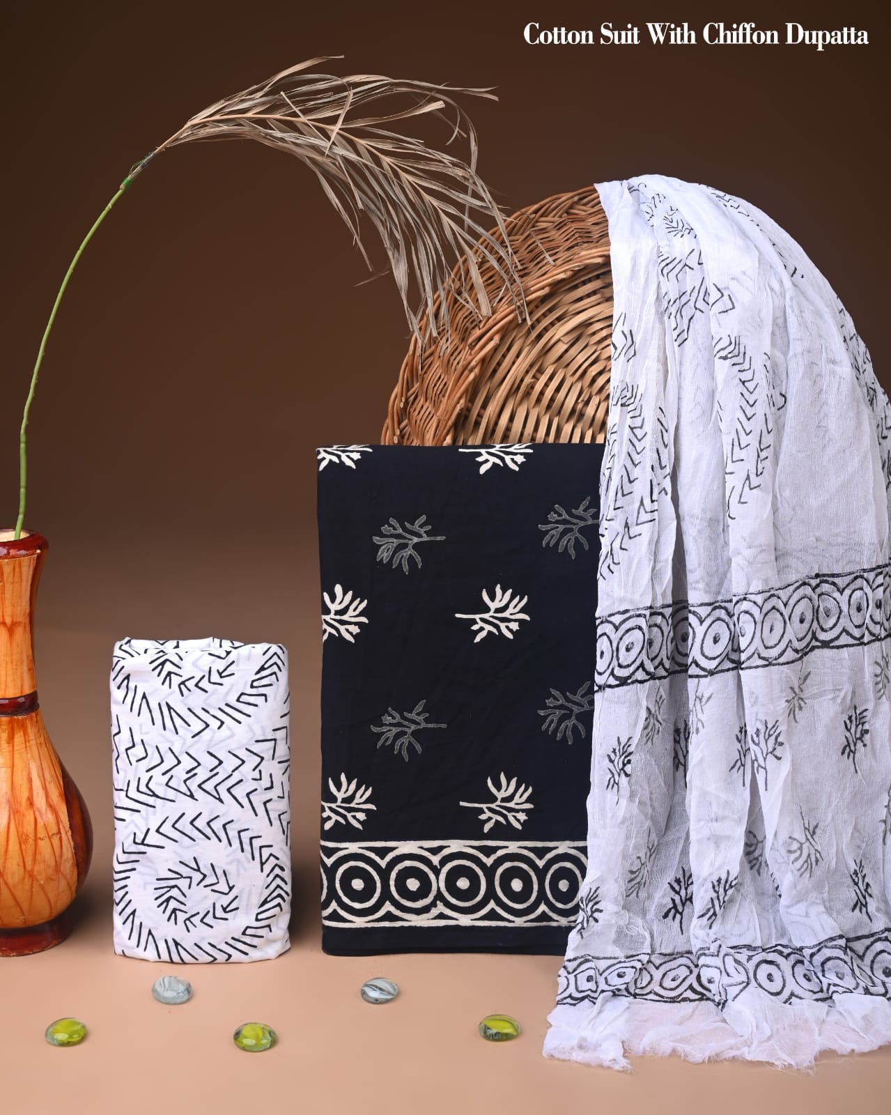 Pure Cotton Hand Block Printed Suit Set With Chiffon Dupatta