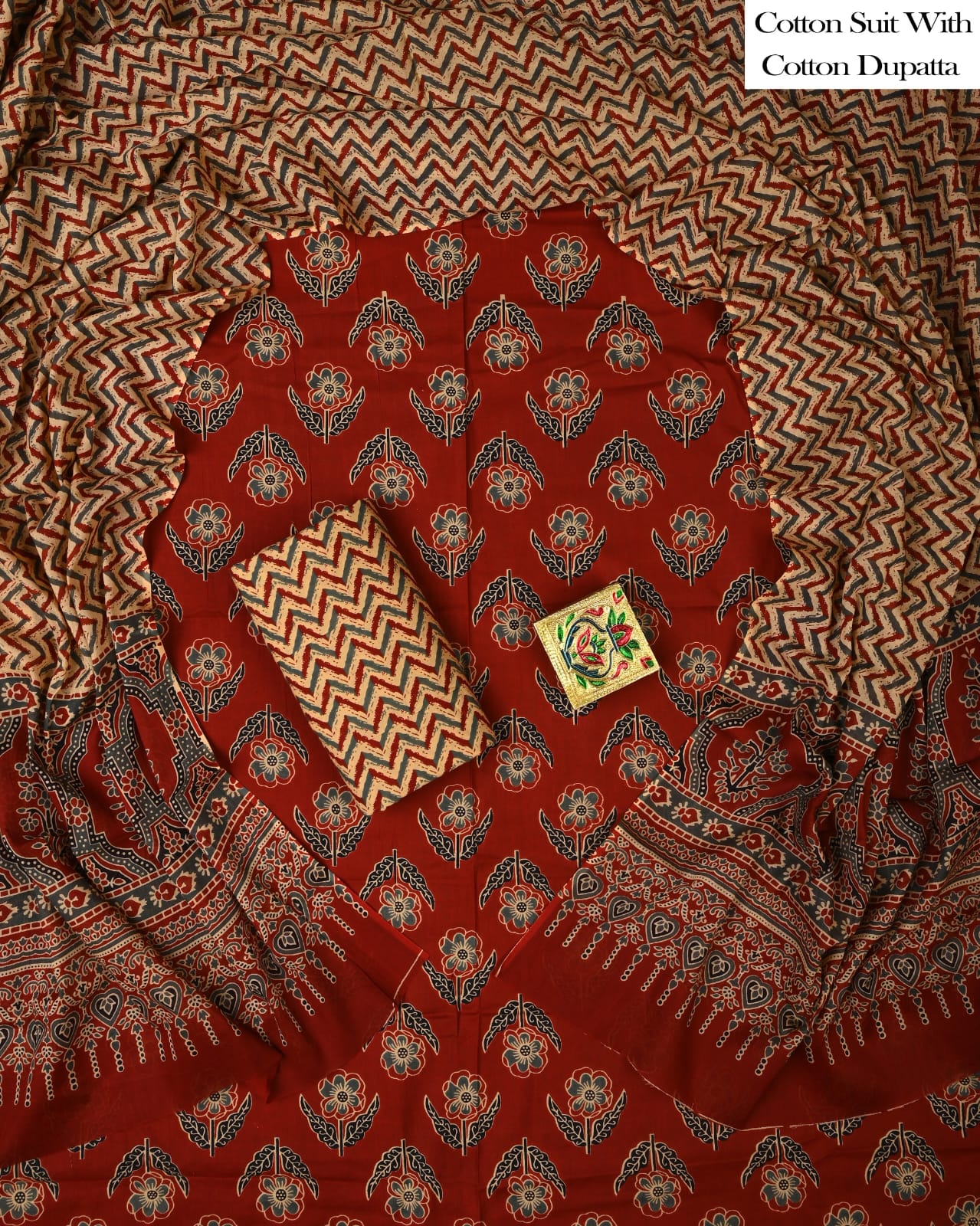 Designer Hand Block Printed Cotton Suit Set With Cotton Dupatta