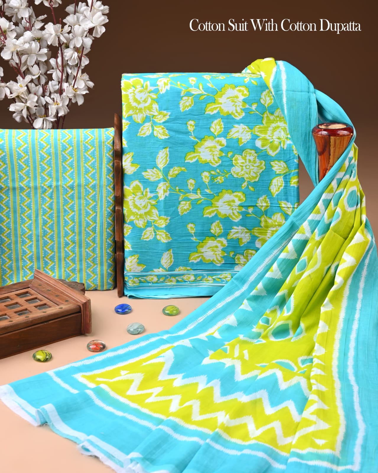 Designer Hand Block Printed Cotton Suit Set With Cotton Dupatta