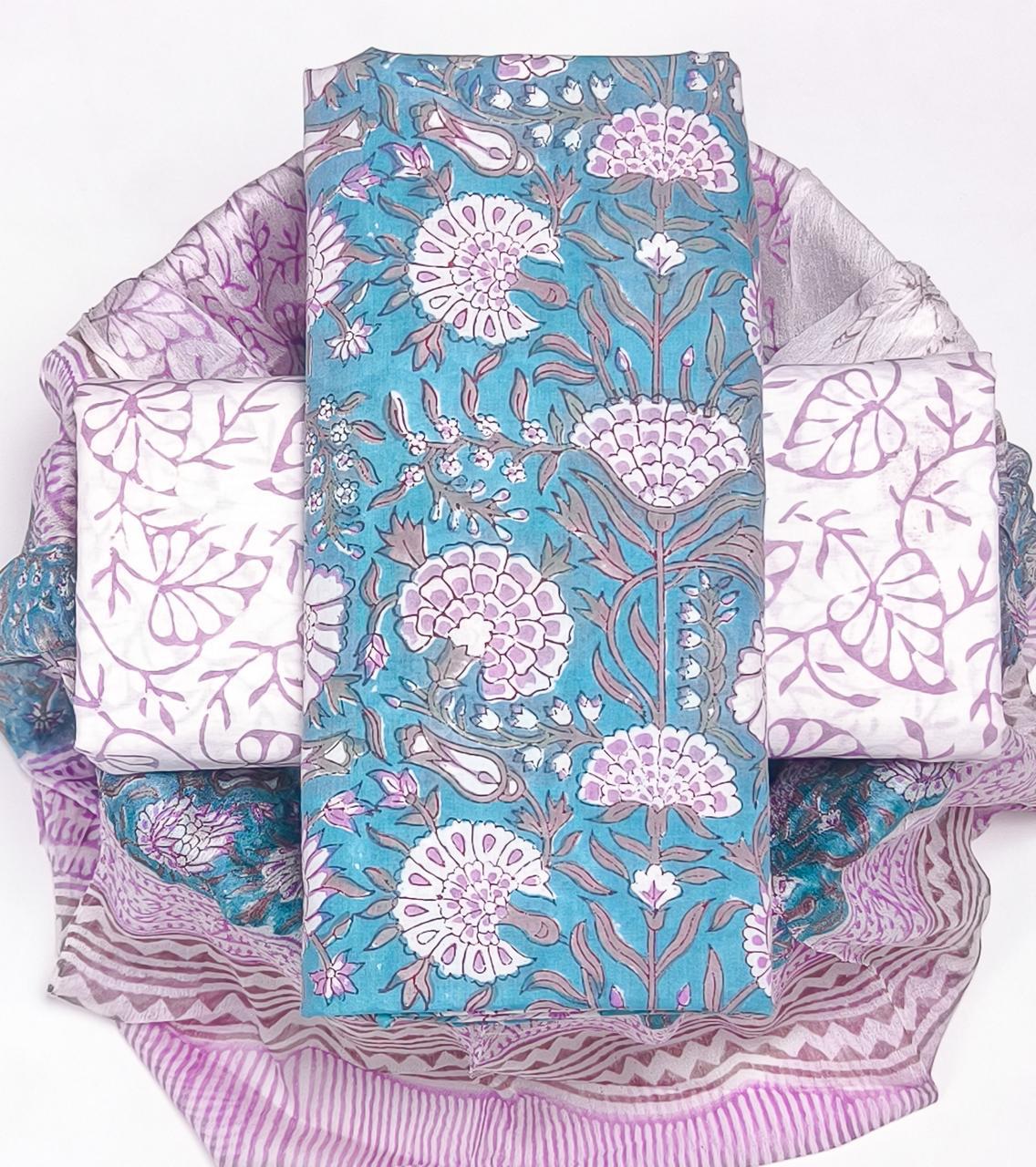 Pure Cotton Hand Block Printed Suit Set With Chiffon Dupatta