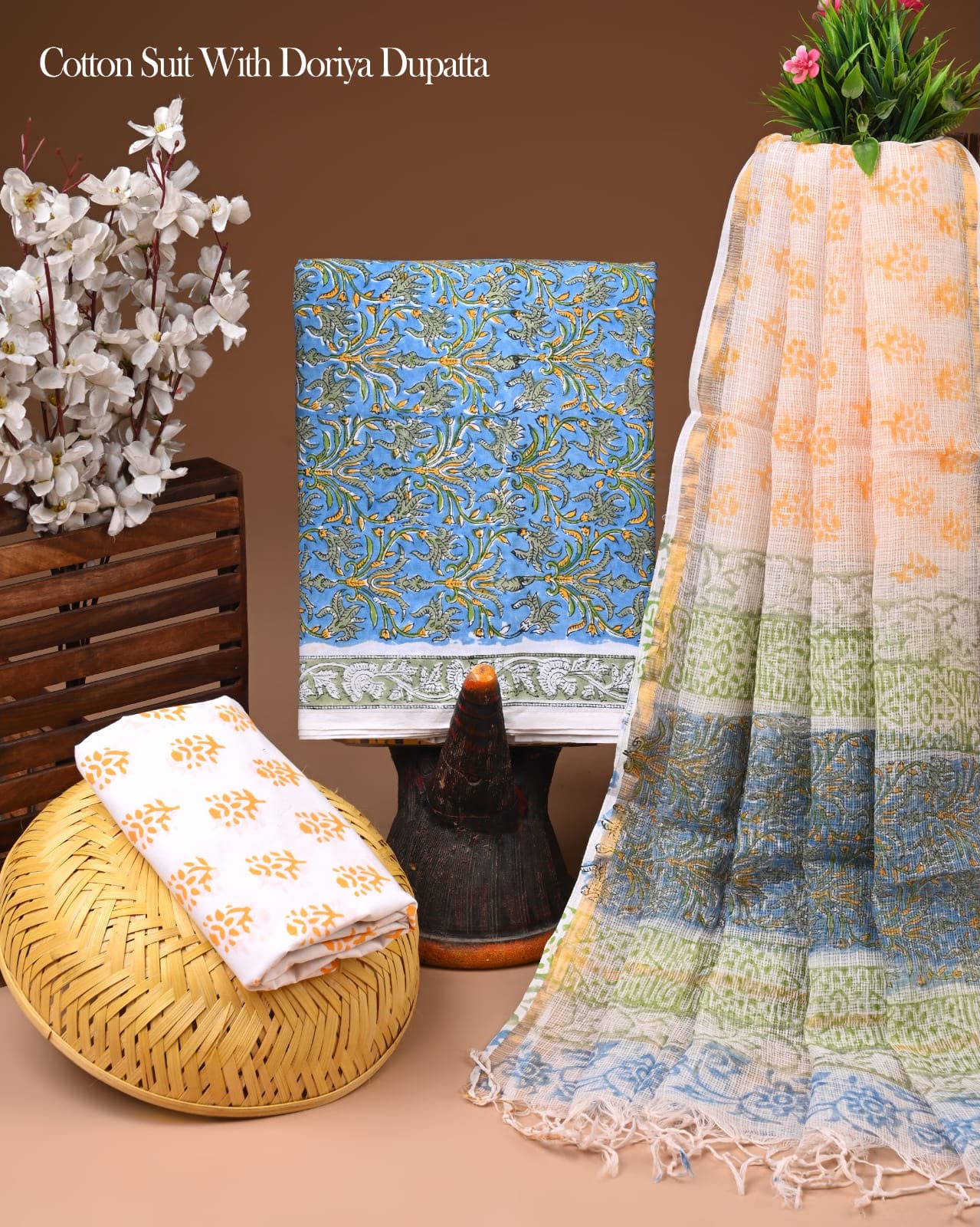 Pure Cotton Hand Block Printed Suit Set With Kota Doria Dupatta