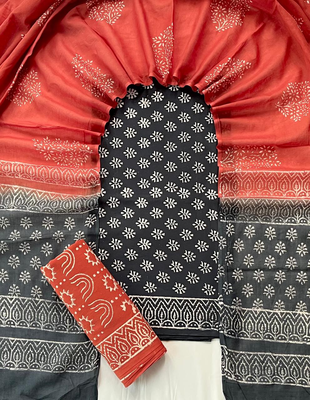 Pure Soft Cotton Hand Block Printed Suit Set With Cotton Dupatta