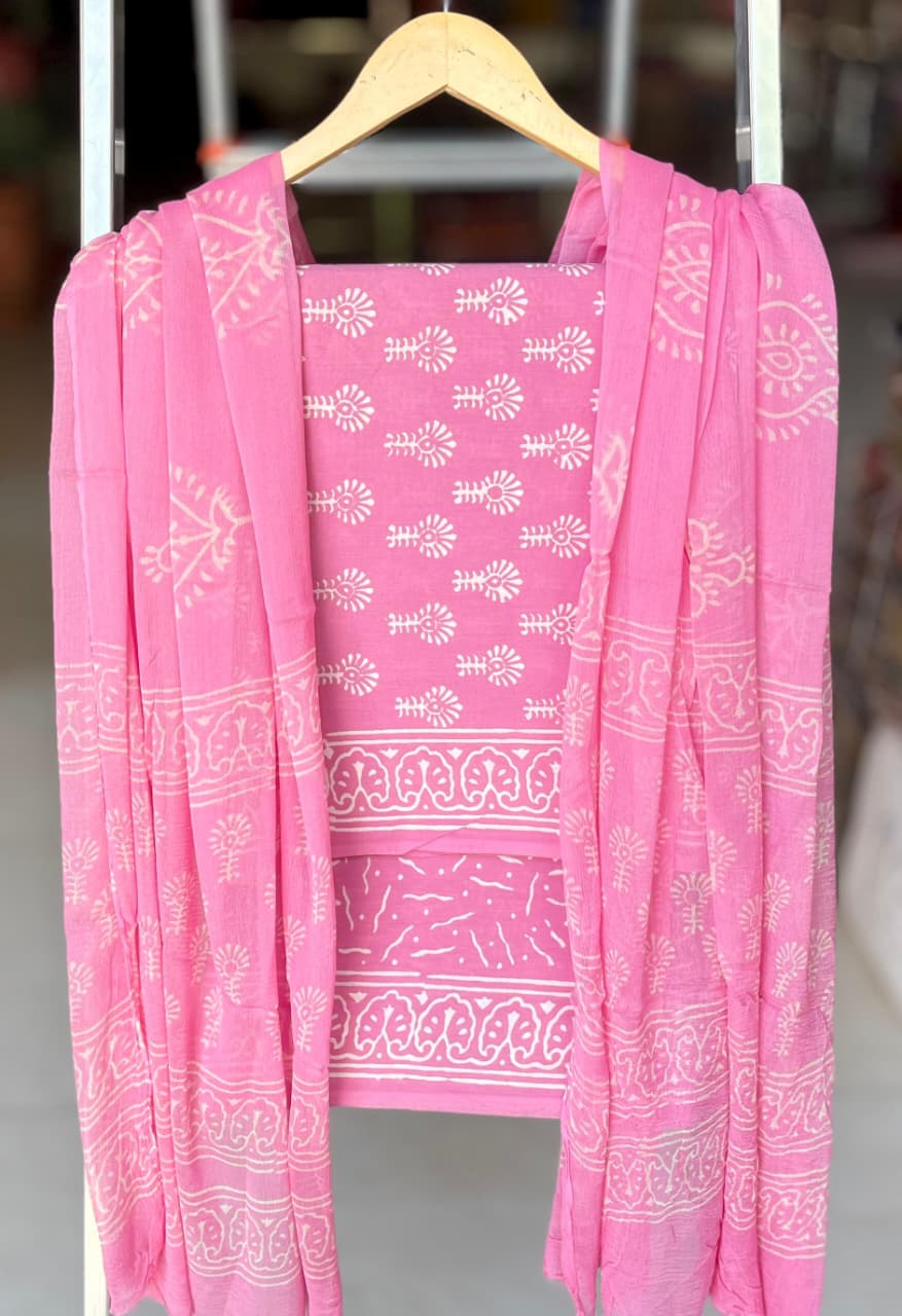 Pure Cotton Hand Block Printed Suit Set With Chiffon Dupatta