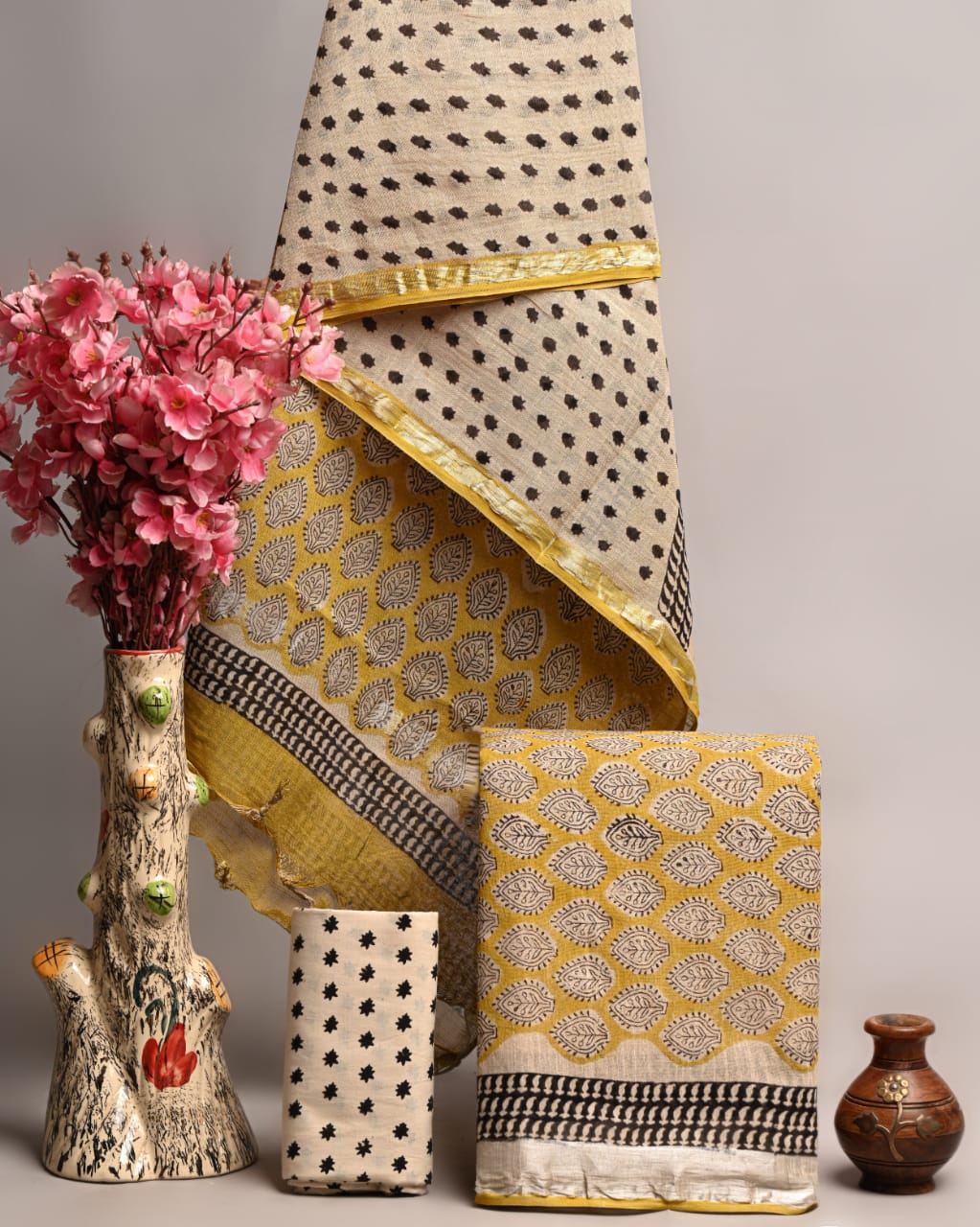 Hand Block Printed Cotton Linen Suit Set With Dupatta