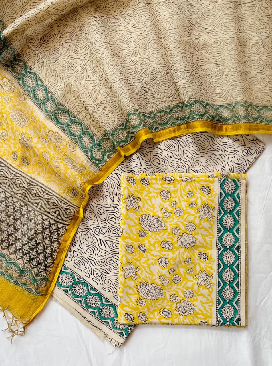 Pure Cotton Hand Block Printed Suit Set With Kota Doria Dupatta
