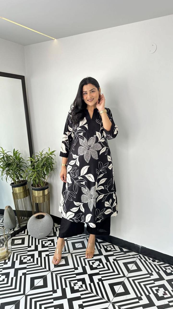 Premium Floral Fine Cotton Printed A-Line Pattern Kurti-Palazzo Set